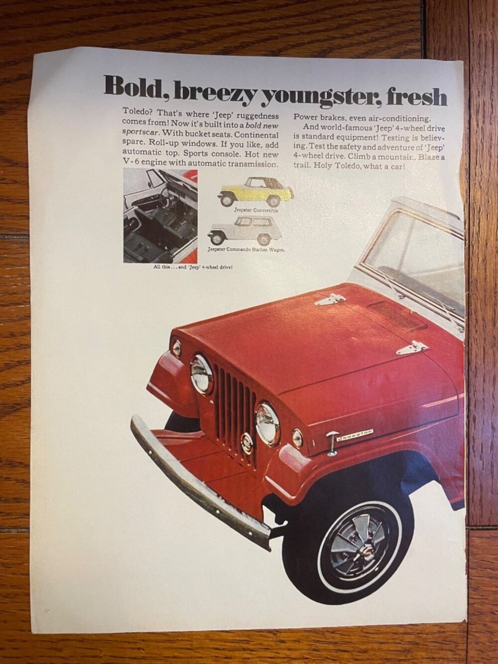 Vintage 1960s Jeepster Advertisement Page With Red Jeep Illustration 8x11 Inches